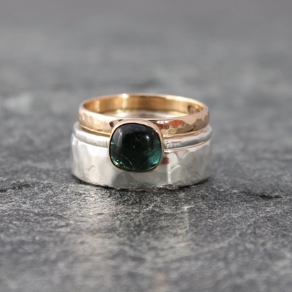 custom blue tourmaline alternative engagement ring and wedding band set