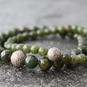 Nephrite Jade Stretch Bracelet with Pave Diamonds, 7" Wrist