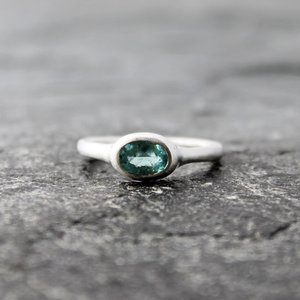 Blue Tourmaline Ring, Sterling Silver Band, Artisan Rustic Alternative Engagement Wedding Ring, Matte Satin Finish, US Size 8.25