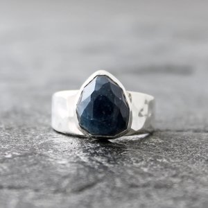 Dark Blue Tourmaline Ring with Sterling Silver, US Size 8