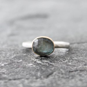 Light Blue Kyanite Ring with 14K Gold and Hammered Sterling Silver Band, US Size 6.25-6.5