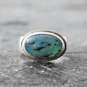 Peru Blue Opal Ring with Sterling Silver Band, Statement Cocktail Ring, US Size 8.5-8.75