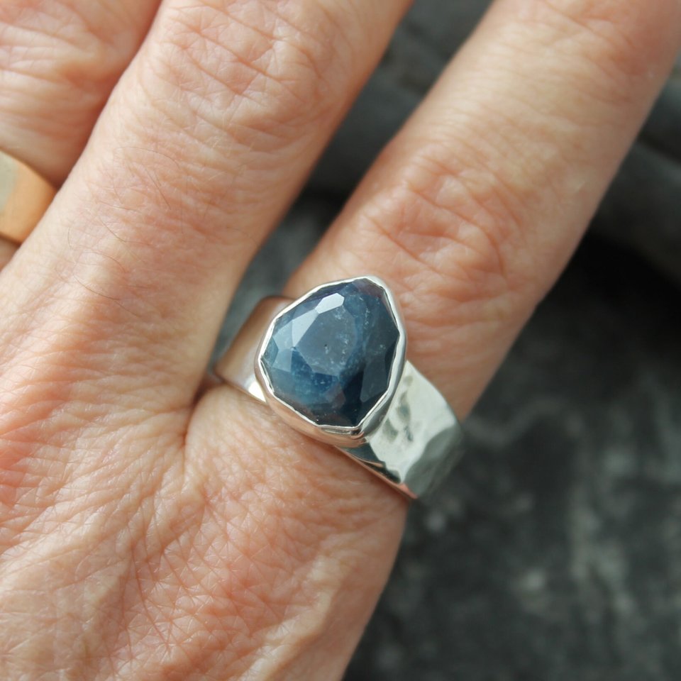 Dark Blue Tourmaline Ring with Sterling Silver, US Size 8
